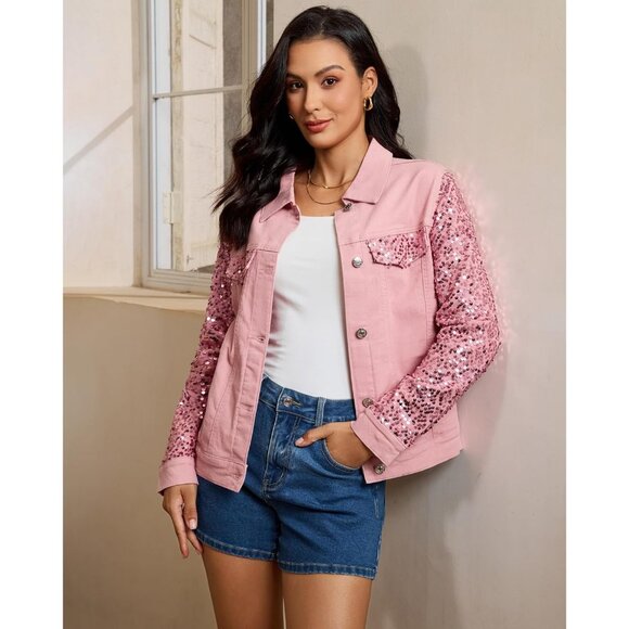 Pink Sequin Jean Jacket for Women Long Sleeve Sparkly Denim Party Coat Pocket - Picture 4 of 8